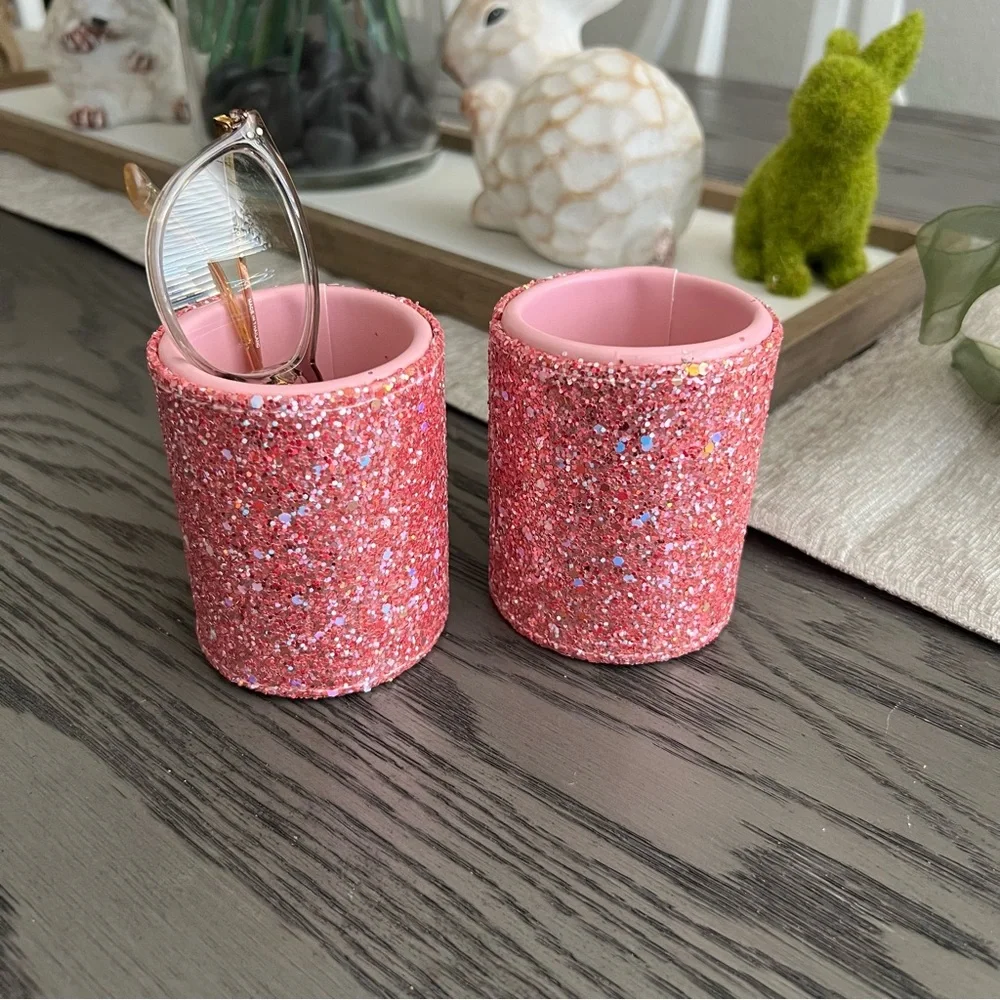 2 Pink Glitter PU Leather Holder for Makeup Brushes, Eyeglasses, Pens & More!